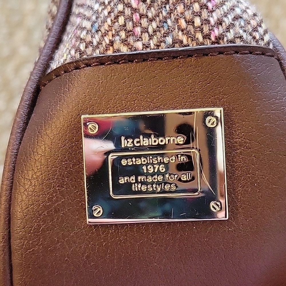 Liz CLAIBORNE brown cloth wool leather shoulder bag purse.  Excellent condition! - Picture 4 of 14